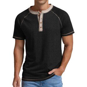 Mens Black Sailwind Henley Short Sleeve Cotton Casual T Shirt Soft Comfort